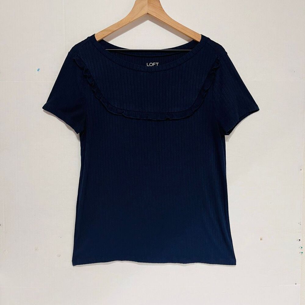 Loft Outlet Petite Navy Ribbed Tee With Ruffle   Size LP